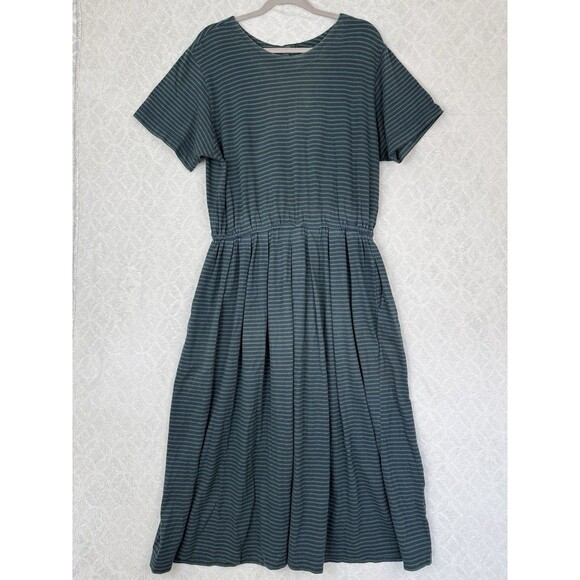 Vtg 90s Maxi Dress XL Blue Green Stripe Modest Preppy Nautical Casual Pockets - Picture 1 of 14